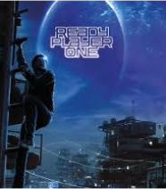 The poster for Ready Player One shows a young man climbing a metal structure, his back turned to the viewer. He is located in a dystopian futuristic city, dark and overcrowded, with a large planet or moon visible in the night sky. The title of the film, 'READY PLAYER ONE', is written in stylized, luminous, and futuristic letters above the character.